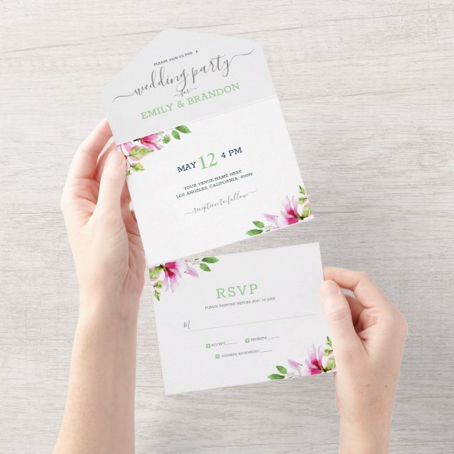 Rosa Blume in einem Rahmen All In One Einladung (Abreißen)