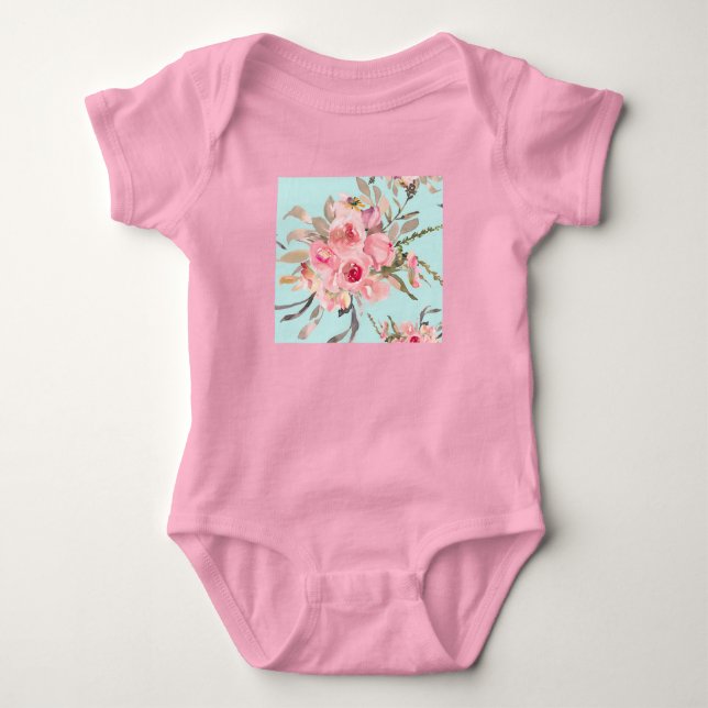 Rosa Blume in hellblau Baby Strampler (Vorderseite)