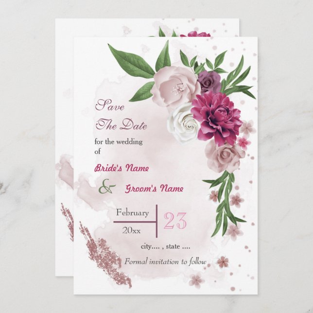 Rosa Blume in Rosa Save The Date (Vorne/Hinten)