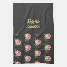 Rosa Blume individuelle Name grau Geschirrtuch