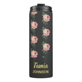 Rosa Blume individuelle Name grau Thermosbecher
