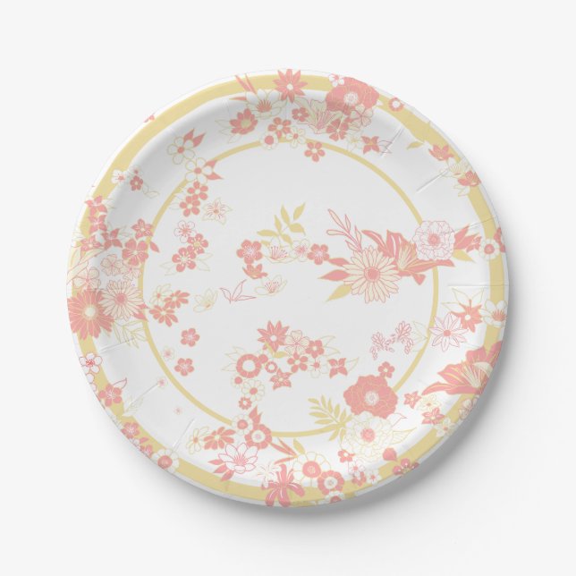 Rosa Blume Kimono Muster Pappteller (Vorderseite)