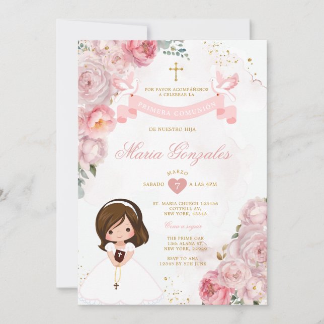 Rosa Blume Kleine Girl-Bibel Primera Comunión Einladung (Vorderseite)