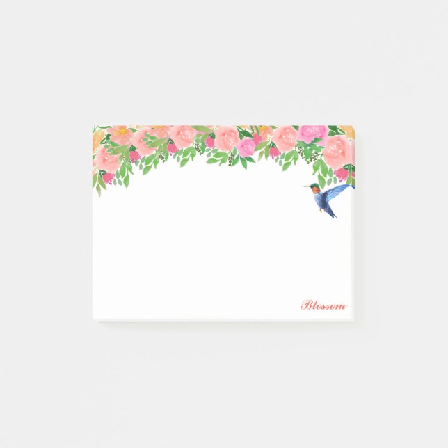 Rosa Blume, Kolibris und weiße Kalligraphie Post-it Klebezettel (Vorderseite)