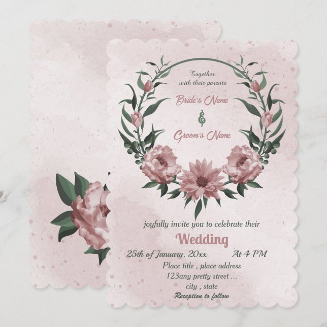 Rosa Blume-Kranzhochzeit Einladung (Vorne/Hinten)