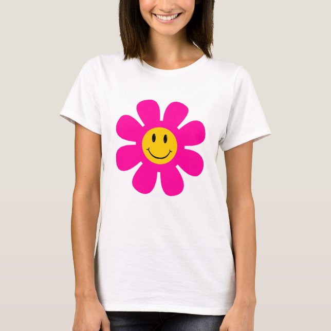 Rosa Blume Lächeln Gesicht T - Shirt (Vorderseite)