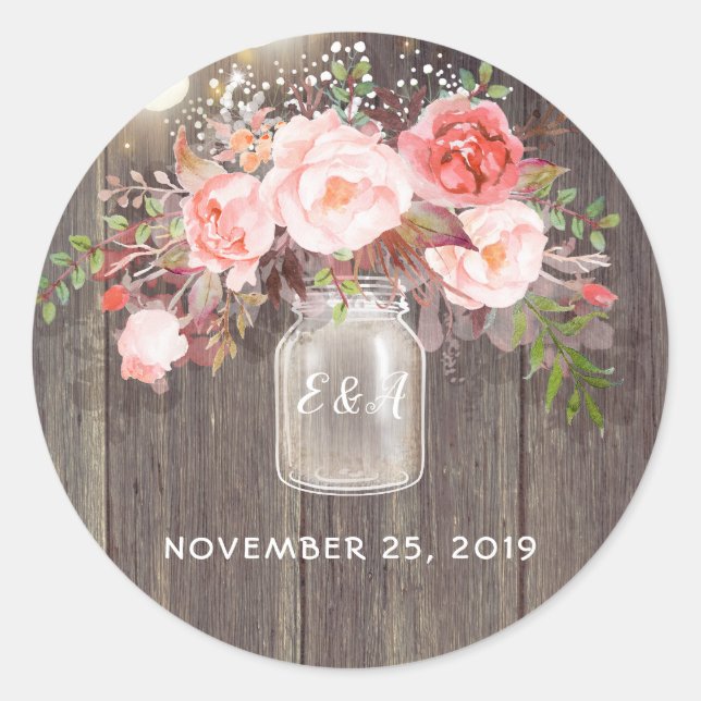 Rosa Blume Mason Jar Rustikale Hochzeit Runder Aufkleber (Vorderseite)