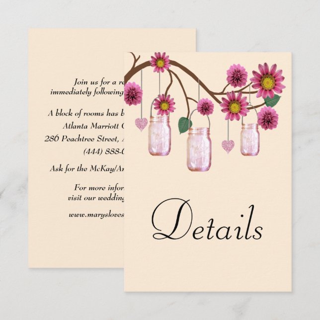 Rosa Blume Mason Jars Hochzeitdetails Begleitkarte (Vorne/Hinten)