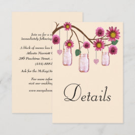 Rosa Blume Mason Jars Hochzeitdetails Begleitkarte