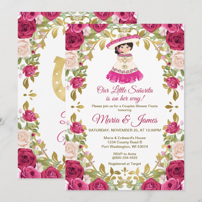 Rosa Blume Mexiko Fiesta Paare Dusche  Einladung (Vorne/Hinten)