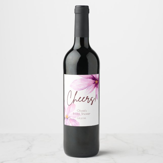Rosa Blume Minimalistisches elegantes Brautparty Weinetikett (Vorderseite)