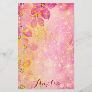 Rosa Blume mit Bokeh-Glitzern und malerischen Spri Briefpapier