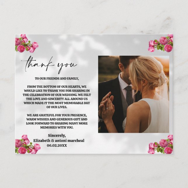 Rosa Blume mit Foto Danke Karte (Vorderseite)