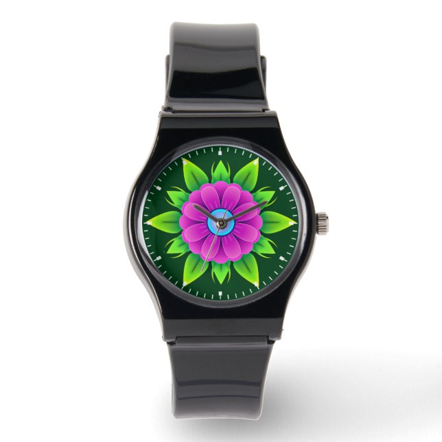 Rosa Blume mit grünen Blätter-23857 Armbanduhr (Vorderseite)