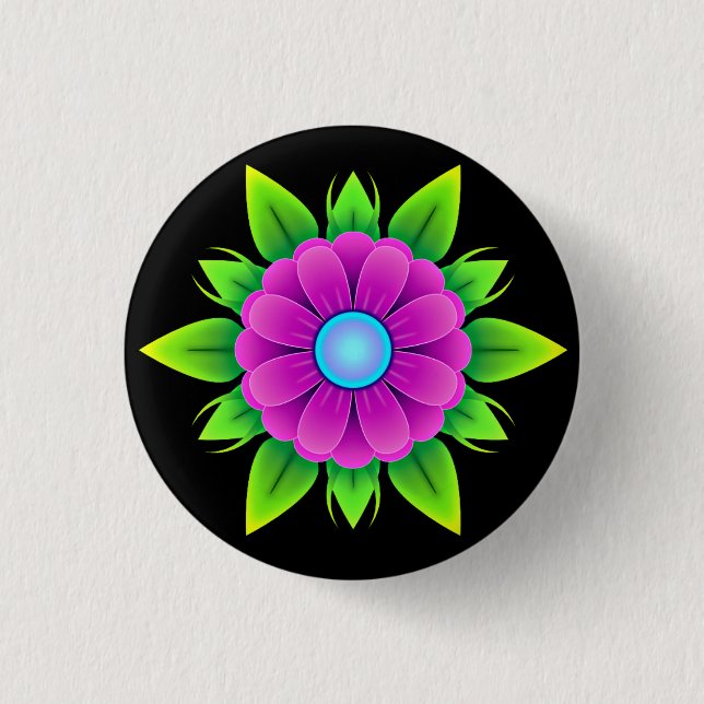 Rosa Blume mit grünen Blätter Button (Vorderseite)