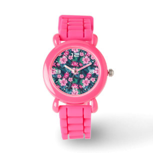 Rosa Blume mit grünen Blätter Partern-79066 Armbanduhr