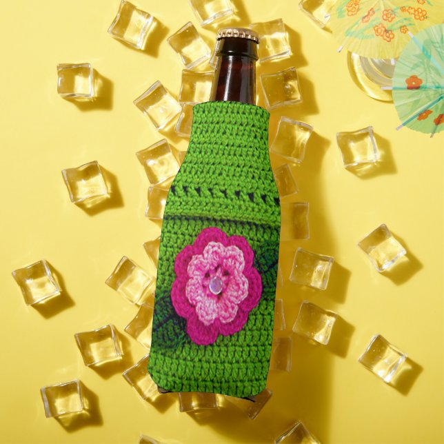 Rosa Blume mit Pearl Button Light Green Crochet Flaschenkühler (In Situ Sommer)