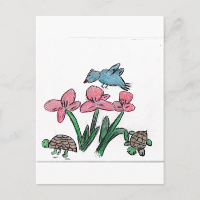 Rosa Blume mit Vogel Postkarte (Vorderseite)