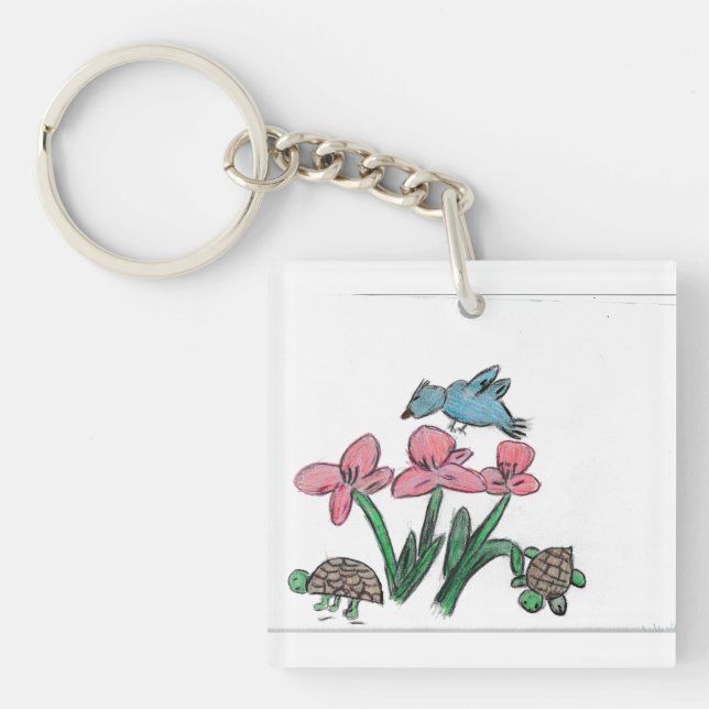 Rosa Blume mit Vogel Schlüsselanhänger (Vorderseite)