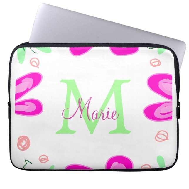 Rosa Blume Monogramm mit dem Buchstaben Grün Laptopschutzhülle (Vorderseite)
