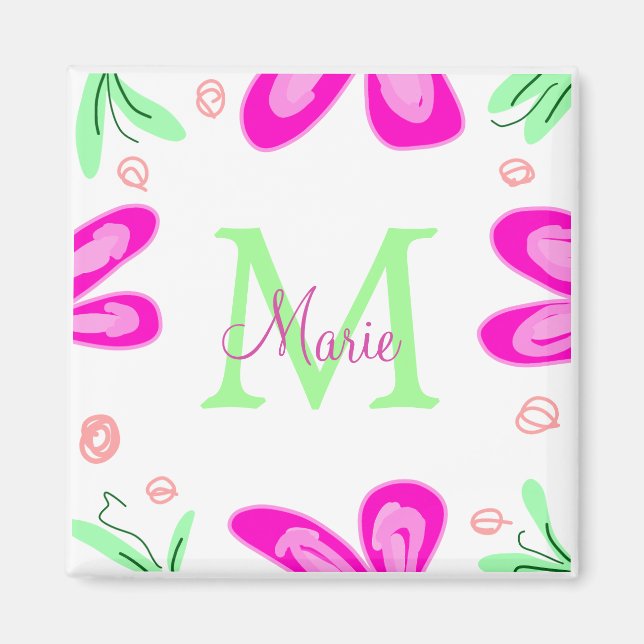 Rosa Blume Monogramm mit dem Buchstaben Grün Magnet (Vorne)