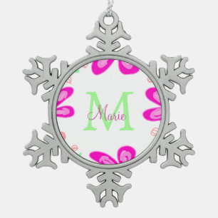 Rosa Blume Monogramm mit dem Buchstaben Grün Schneeflocken Zinn-Ornament