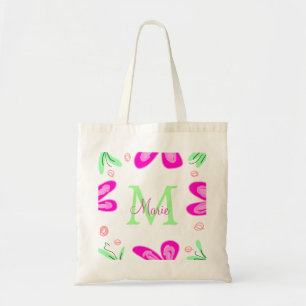 Rosa Blume Monogramm mit dem Buchstaben Grün Tragetasche