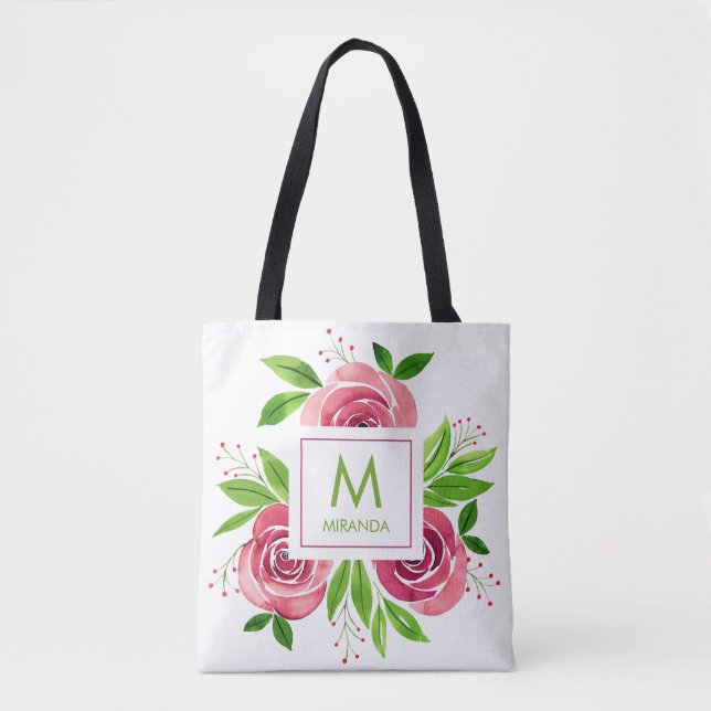 Rosa Blume Monogramm Personalisiert Tasche (Vorderseite)