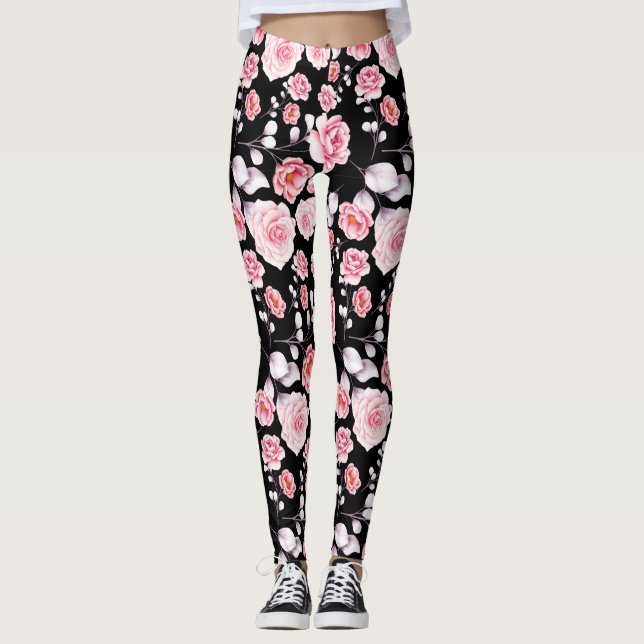 Rosa Blume-Muster über Schwarz Leggings (Vorderseite)