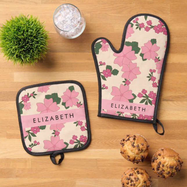 Rosa Blume, Muster von Blume, Ihr Name Ofenhandschuh & Topflappen-Set (Oben Unten)