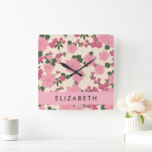 Rosa Blume, Muster von Blume, Ihr Name Quadratische Wanduhr (Zuhause)