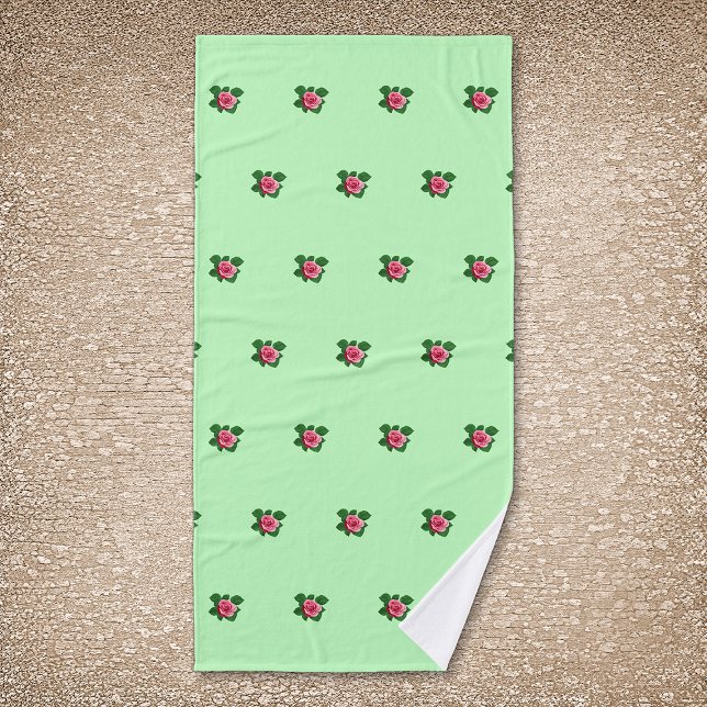 Rosa Blume Nahtloses Muster auf hellgrün Badehandtuch (Pink Rose flower seamless pattern on light green bath towel)