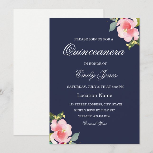 Rosa Blume Navy Blue Quinceanera Einladung (Vorne/Hinten)