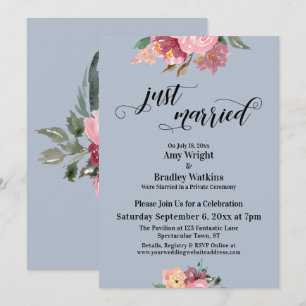 Rosa Blume nur verheiratet Typografie Dusty Blue Einladung