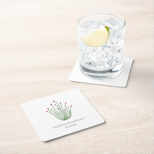 Rosa Blume Ocotillo Cactus Wedding Cocktail Hour Rechteckiger Pappuntersetzer (Vor Ort)