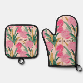 Rosa Blume Ofenhandschuh & Topflappen-Set
