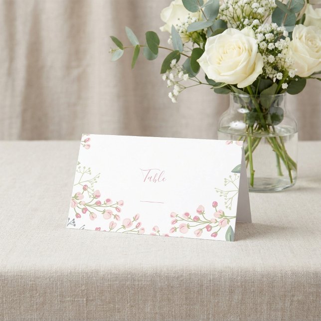 Rosa Blume, Platzkarte der Tischnummer von rosa Sk (Pink flowers, pink script table number place card.)