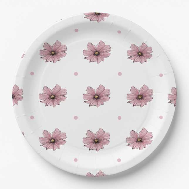 Rosa Blume-Polka-Punkte Pappteller (Vorderseite)