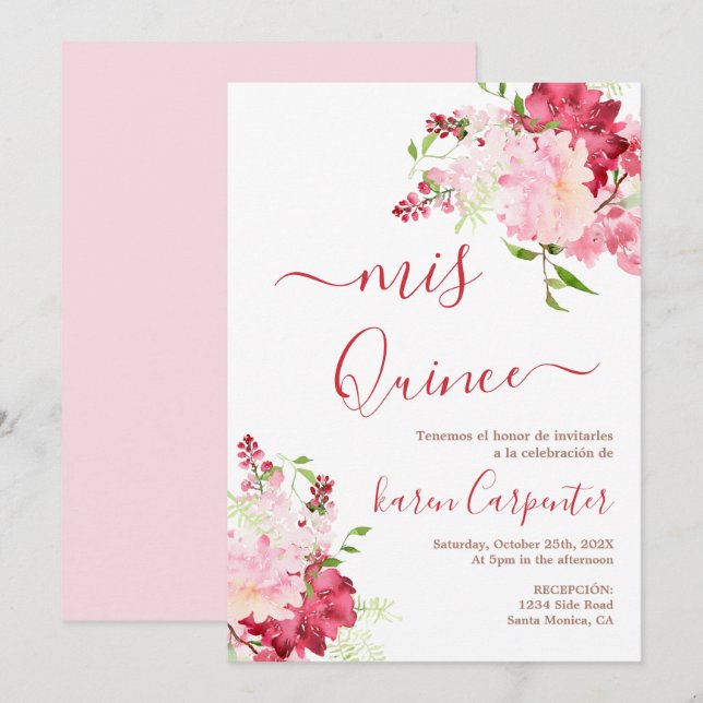 Rosa Blume Quinceanera Einladung (Vorne/Hinten)