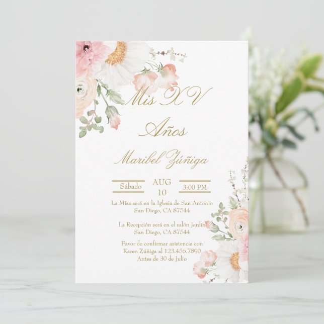 Rosa Blume Quinceanera Einladung (Stehend Vorderseite)