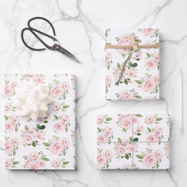 Rosa Blume, rosa Rosen, Aquarellfarben-Blume Geschenkpapier Set (Vorderseite)