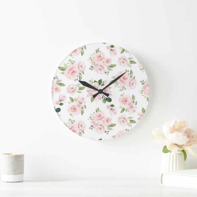 Rosa Blume, rosa Rosen, Aquarellfarben-Blume Große Wanduhr (Zuhause)