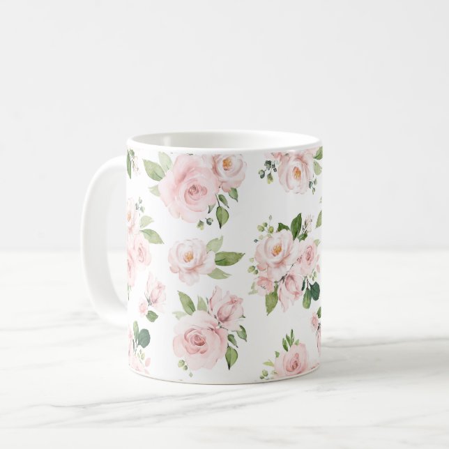 Rosa Blume, rosa Rosen, Aquarellfarben-Blume Kaffeetasse (Vorderseite Links)