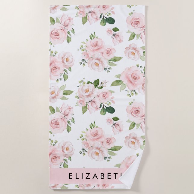 Rosa Blume, Rose, Aquarell-Blume, Ihr Name Strandtuch (Vorderseite)