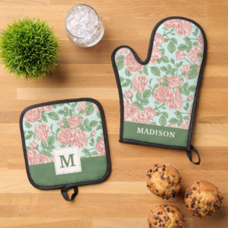 Rosa Blume Rose Garten Bouquet Muster Ofenhandschuh & Topflappen-Set