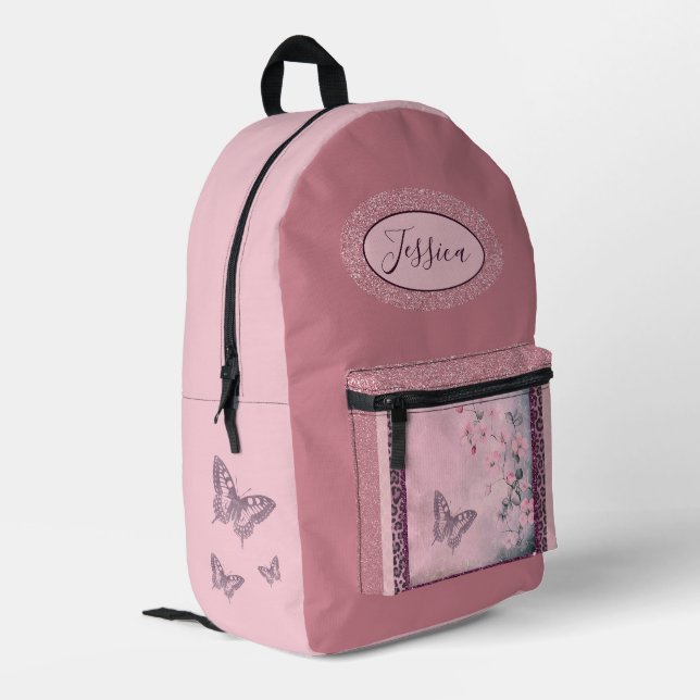 Rosa Blume, Rose, Glitzer Rosa Rucksack (Rückseitige Ecke links)