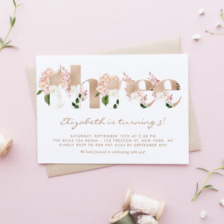 Rosa Blume Rose Gold Dritter Geburtstag Einladung