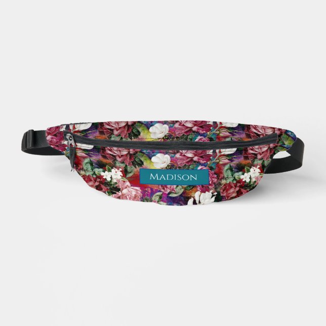 Rosa Blume, rotes Muster, bedruckt Bauchtasche (Vorderseite)