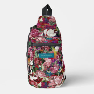 Rosa Blume, rotes Muster, bedruckt Crossbody Bag