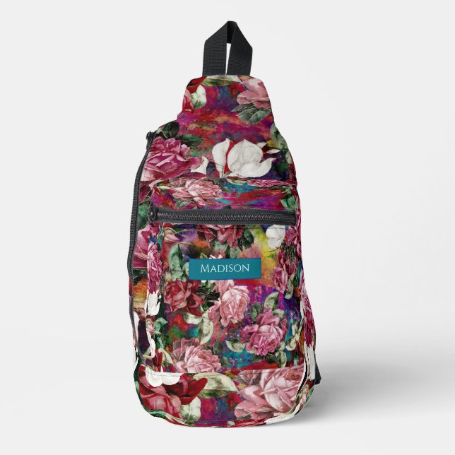 Rosa Blume, rotes Muster, bedruckt Crossbody Bag (Vorderseite)